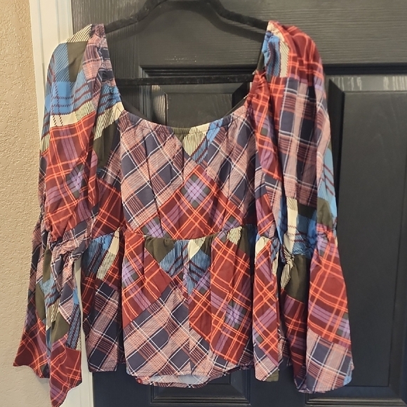 Cato Red and Blue Plaid Bell Sleeve Blouse - Picture 3 of 3